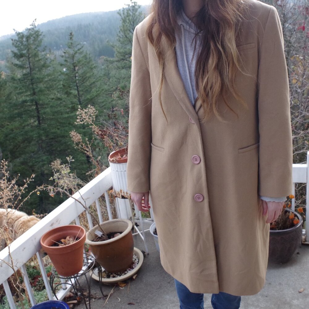 Vintage Women's Camel Long Trench By Louben Wool Blend 85% Wool